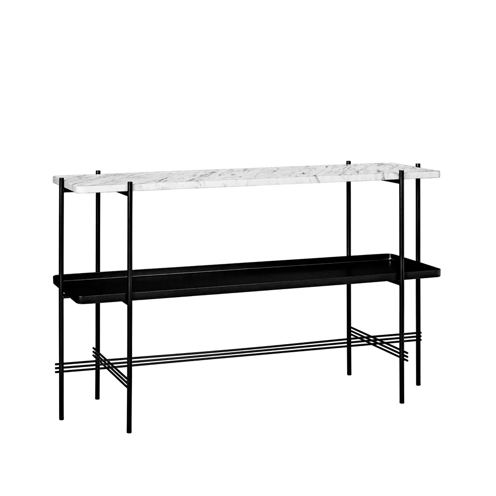 TS Console table 120x30x72 cm, White carrara marble, black legs, with tray GUBI