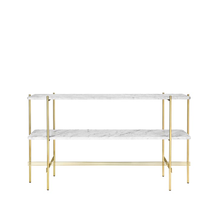 TS Console table 120x30x72 cm - White carrara marble, brass legs, 2 marble shelves - GUBI