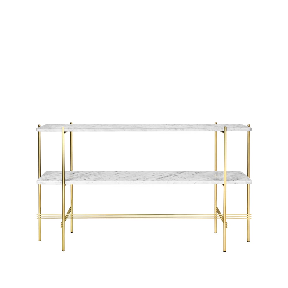 GUBI TS Console table 120x30x72 cm White carrara marble, brass legs, 2 marble shelves