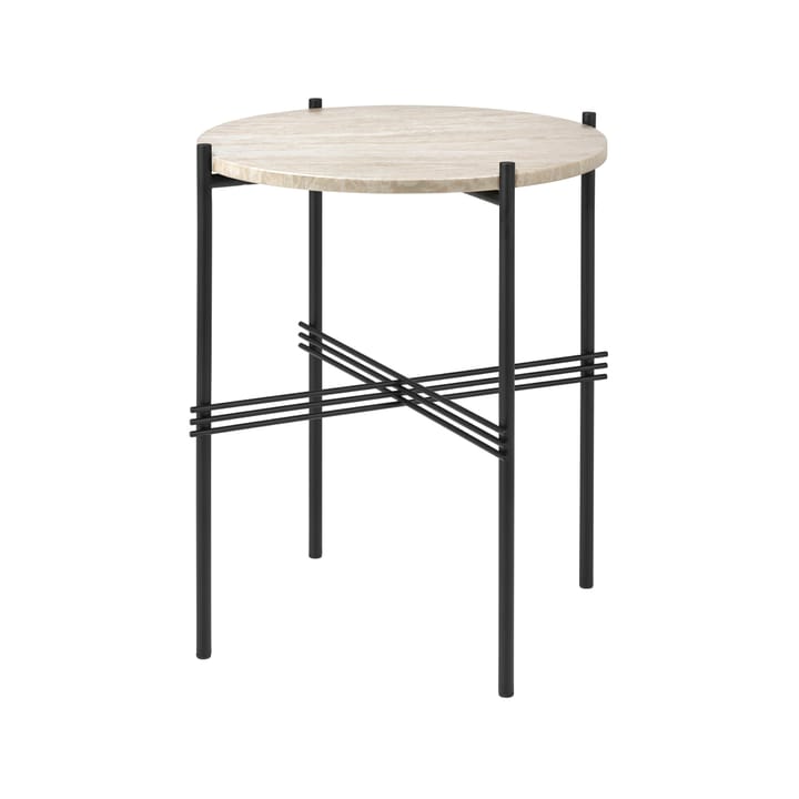 TS Outdoor side table - Natural white, black frame, travertine - GUBI