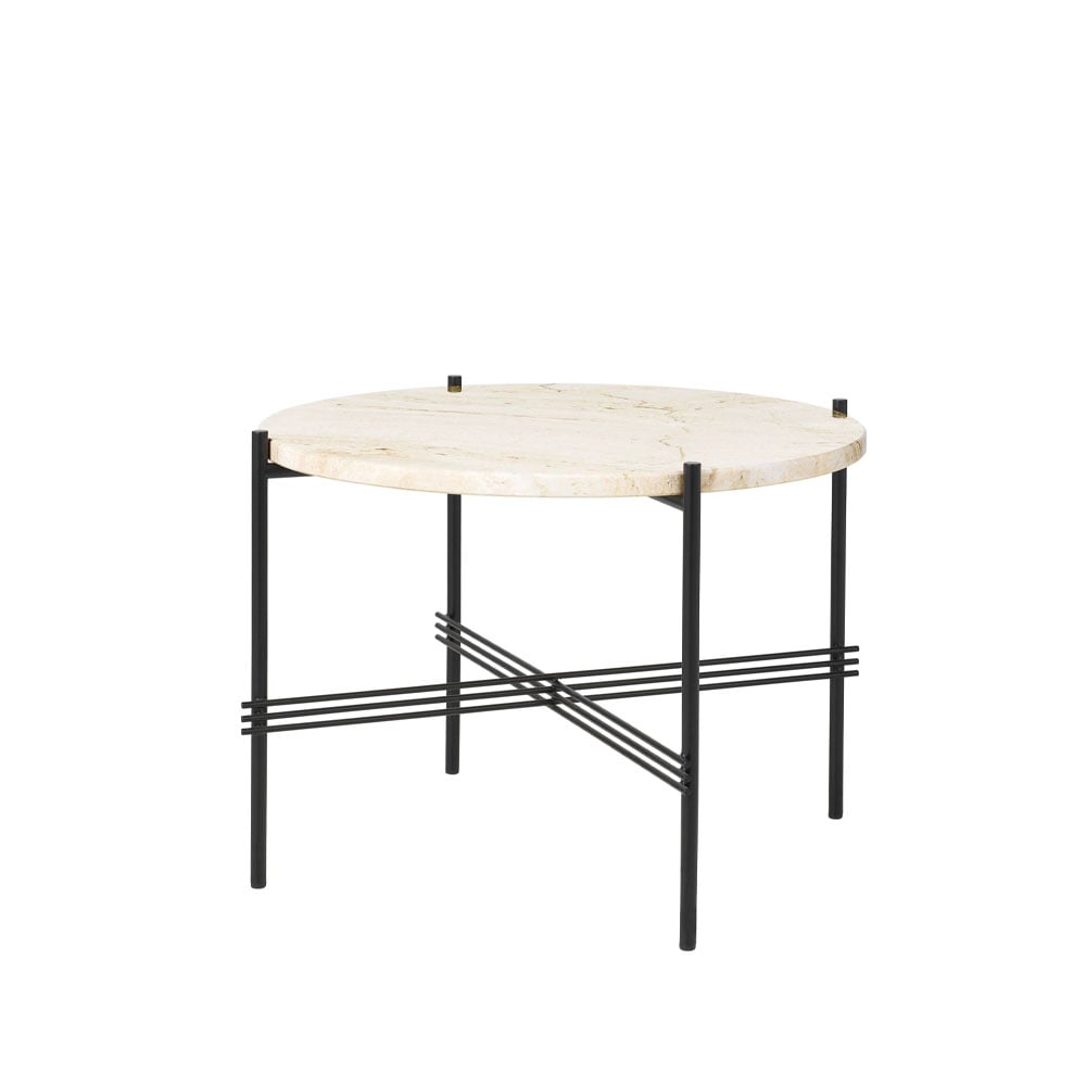 GUBI TS Round coffee table Natural white travertine, o55, black stand
