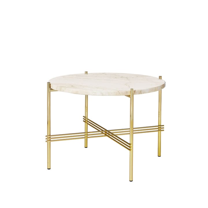 TS Round coffee table - Natural white travertine, ø55, brass stand - GUBI