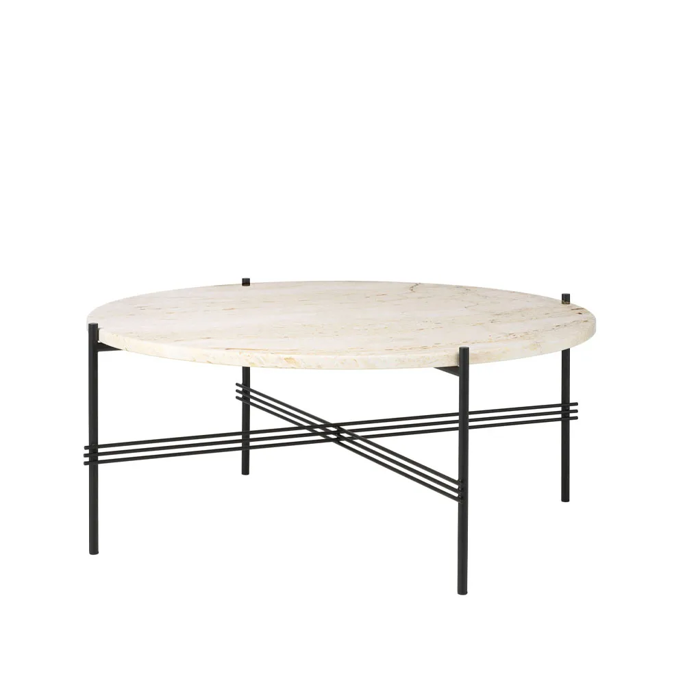 TS Round coffee table, Natural white travertine, ø80, black stand GUBI