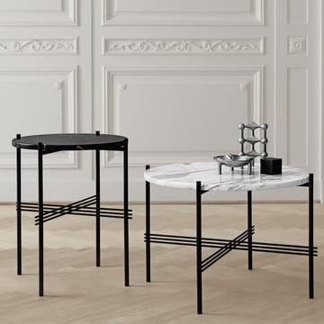 TS Round coffee table - Natural white travertine, ø80, black stand - GUBI