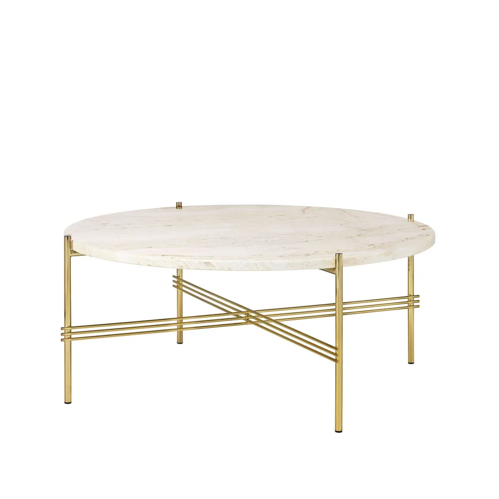 TS Round coffee table, Natural white travertine, ø80, brass stand GUBI