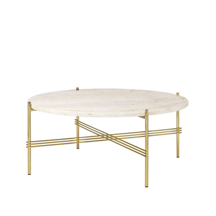 TS Round coffee table - Natural white travertine, ø80, brass stand - GUBI
