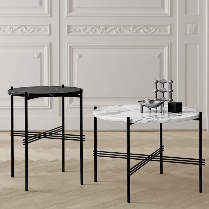 TS Round coffee table - Natural white travertine, ø80, brass stand - GUBI