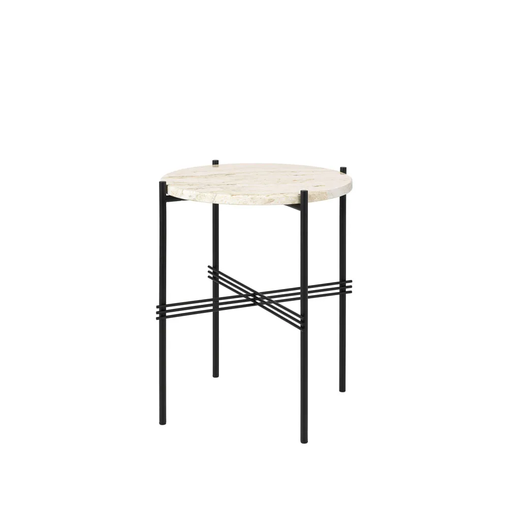 TS Round side table, Natural white travertine, ø40, black stand GUBI