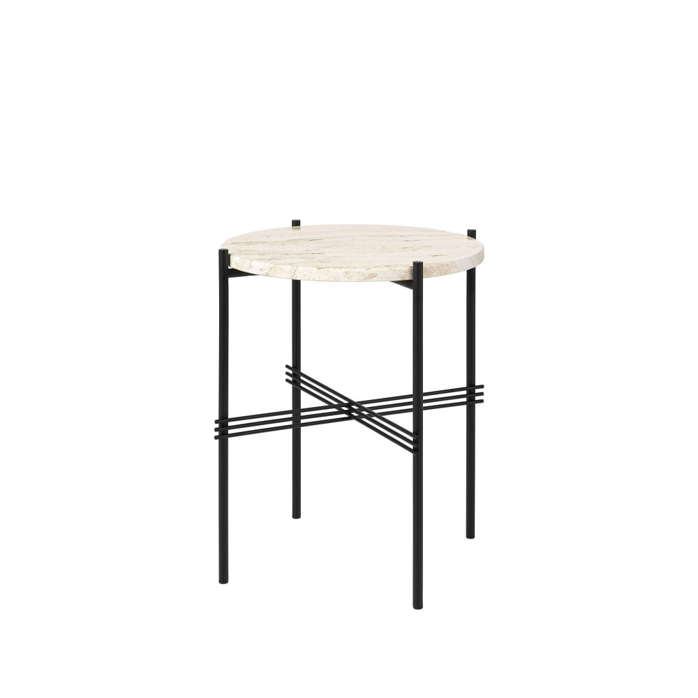 GUBI TS Round side table Natural white travertine, o40, black stand