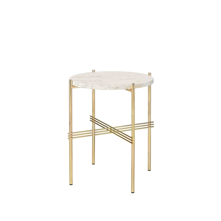 TS Round side table - Natural white travertine, ø40, brass stand - GUBI