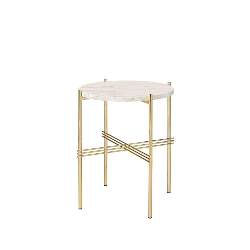 GUBI TS Round side table Natural white travertine, o40, brass stand