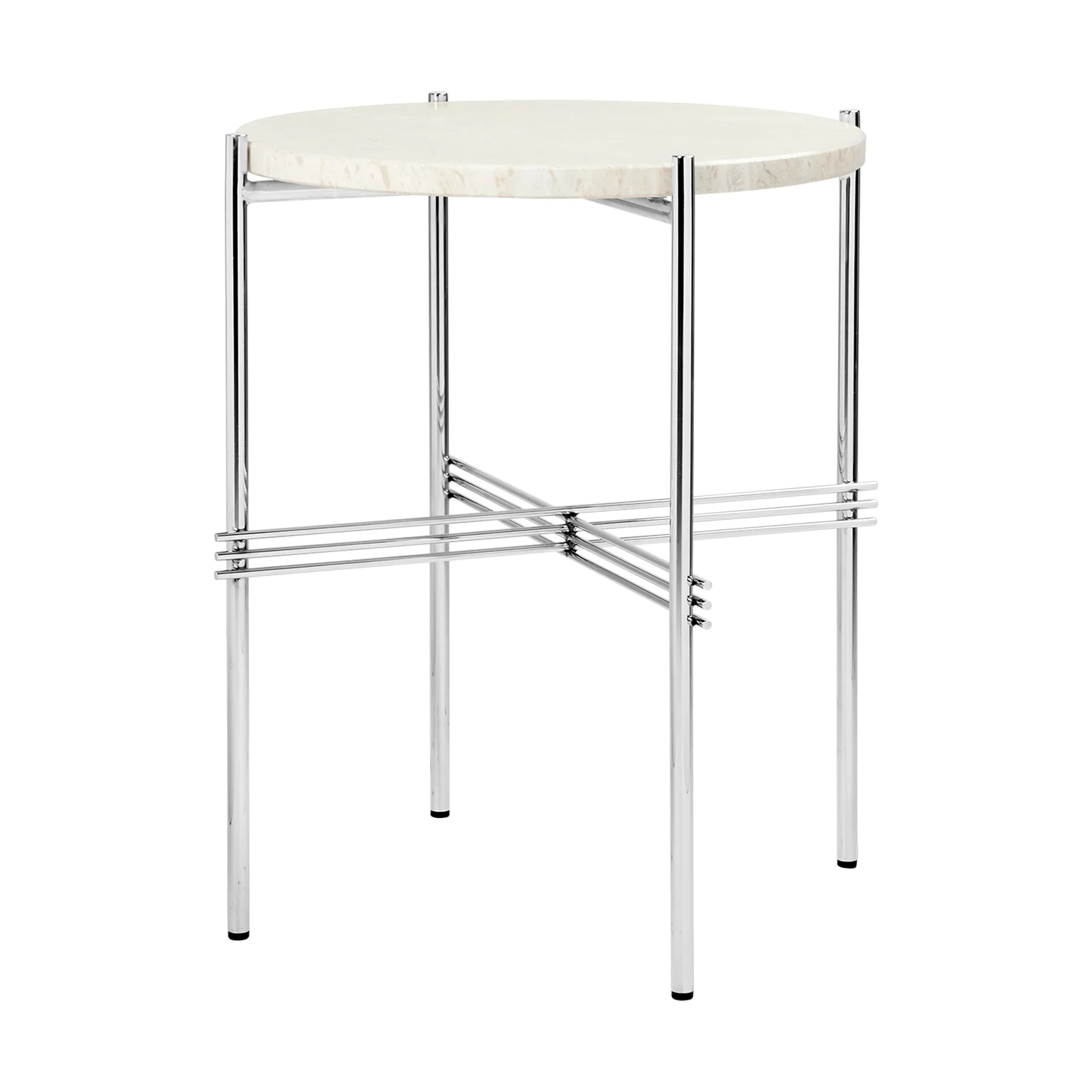 TS side table polished steel Ø40, Neutral white travertine GUBI