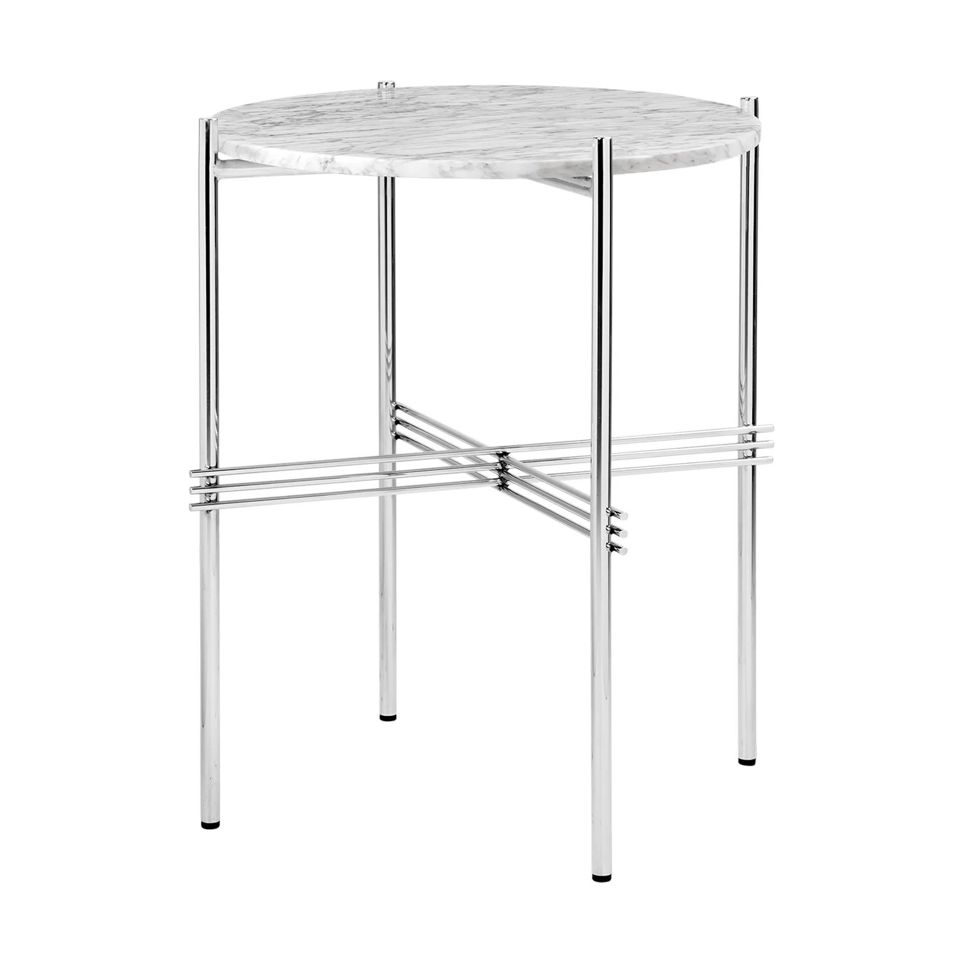 TS side table polished steel Ø40, White carrara marble GUBI