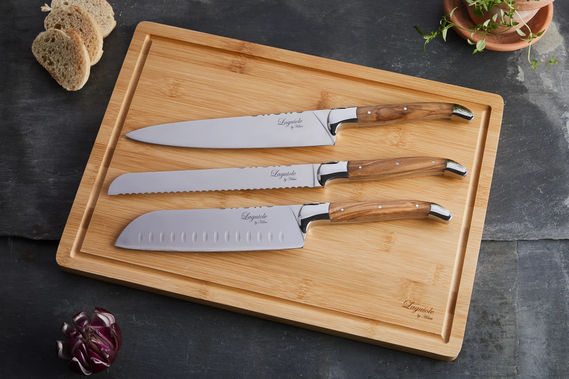 Laguiole By Hâws chef's knife set with cutting board 4-piece, Olive wood-stainless steel-bamboo Hâws