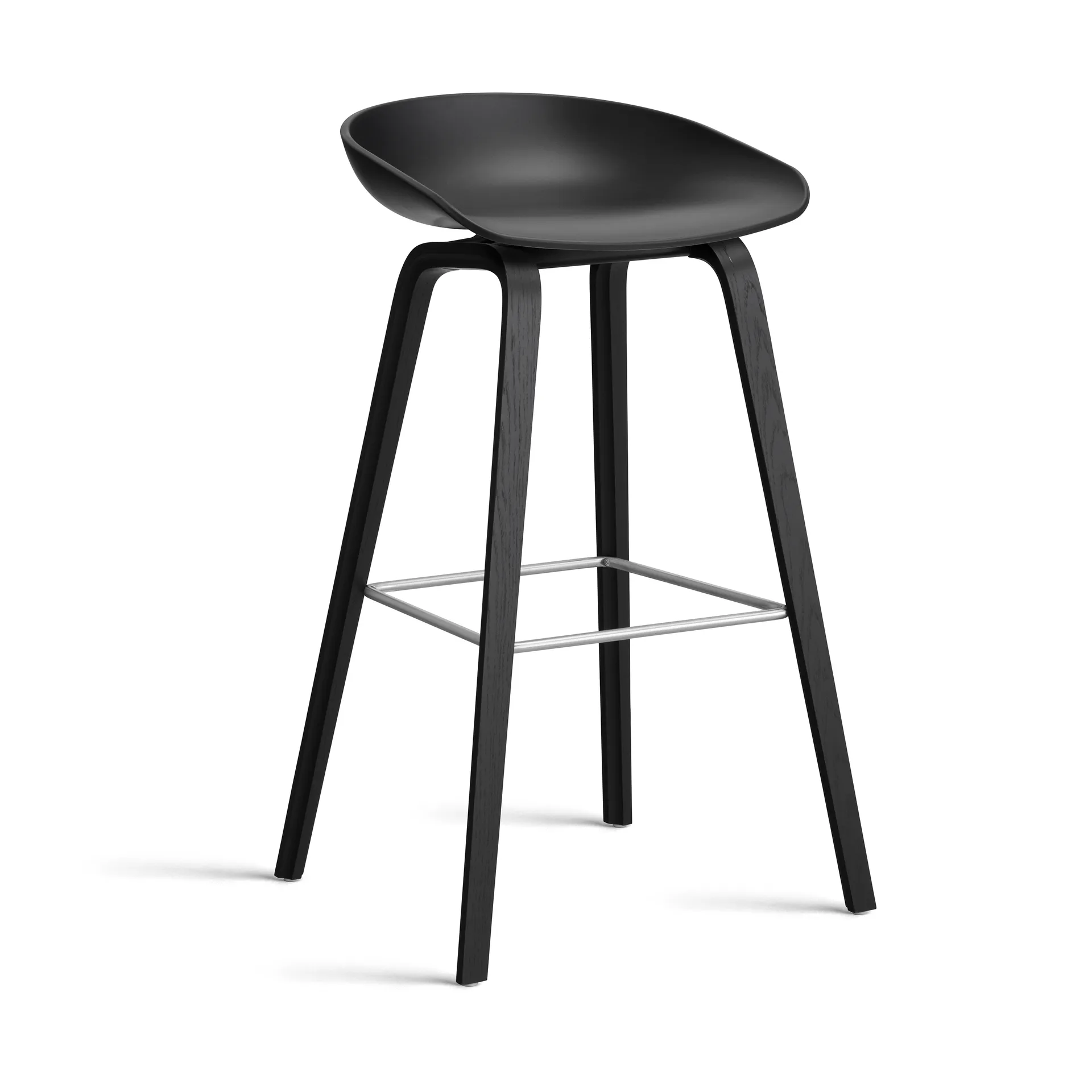 About a Stool AAL32 High 2.0 bar stool black oak base, Black-stainless steel footrest HAY