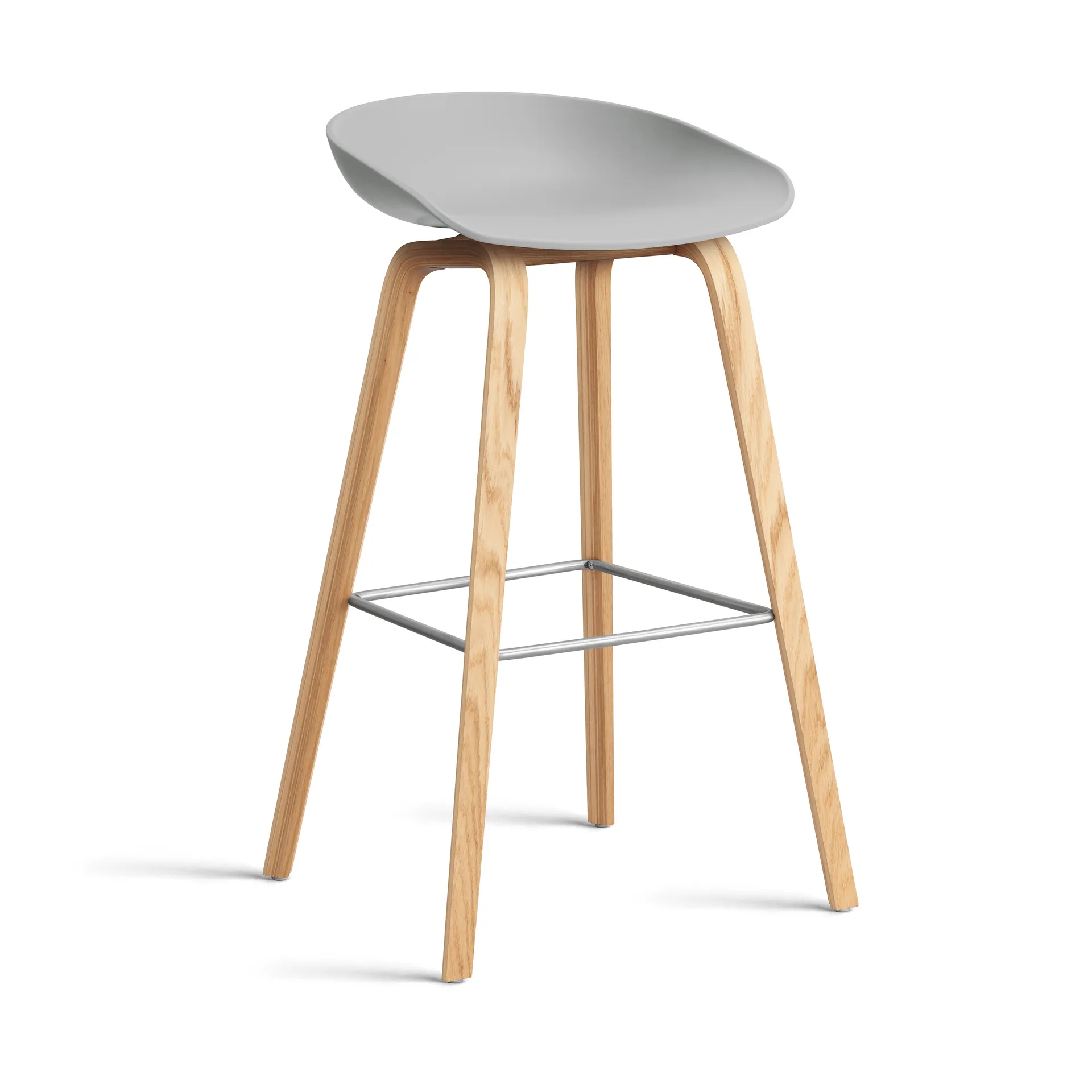 About a Stool AAL32 High 2.0 bar stool lacquered oak base, Concrete grey-stainless steel footrest HAY