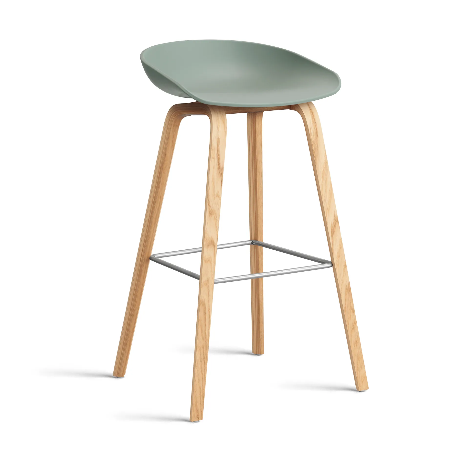 About a Stool AAL32 High 2.0 bar stool lacquered oak base, Fall green-stainless steel footrest HAY