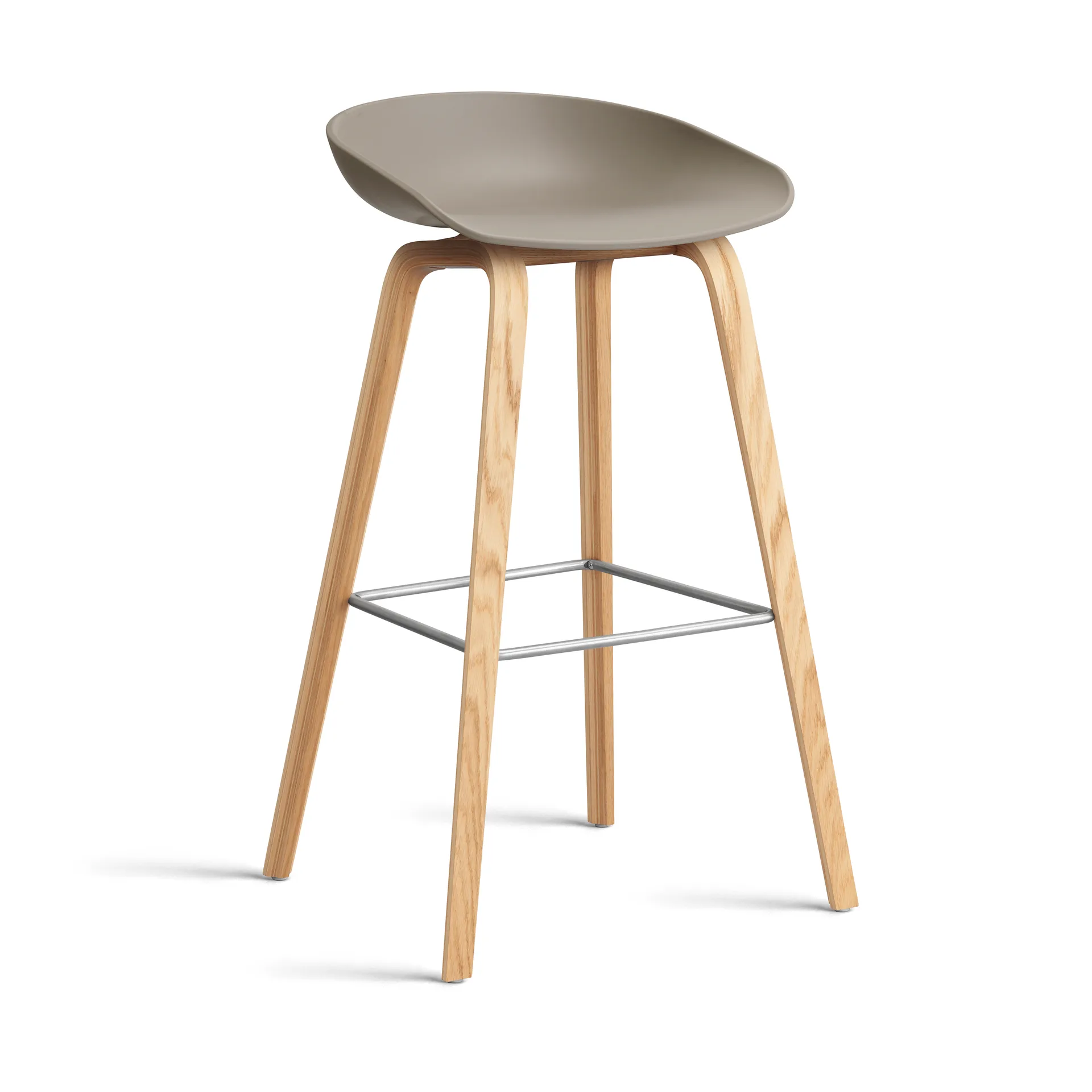 About a Stool AAL32 High 2.0 bar stool lacquered oak base, Khaki-stainless steel footrest HAY