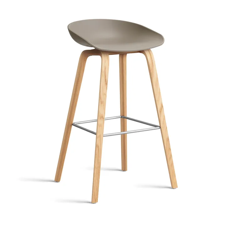 About a Stool AAL32 High 2.0 bar stool lacquered oak base - Khaki-stainless steel footrest - HAY