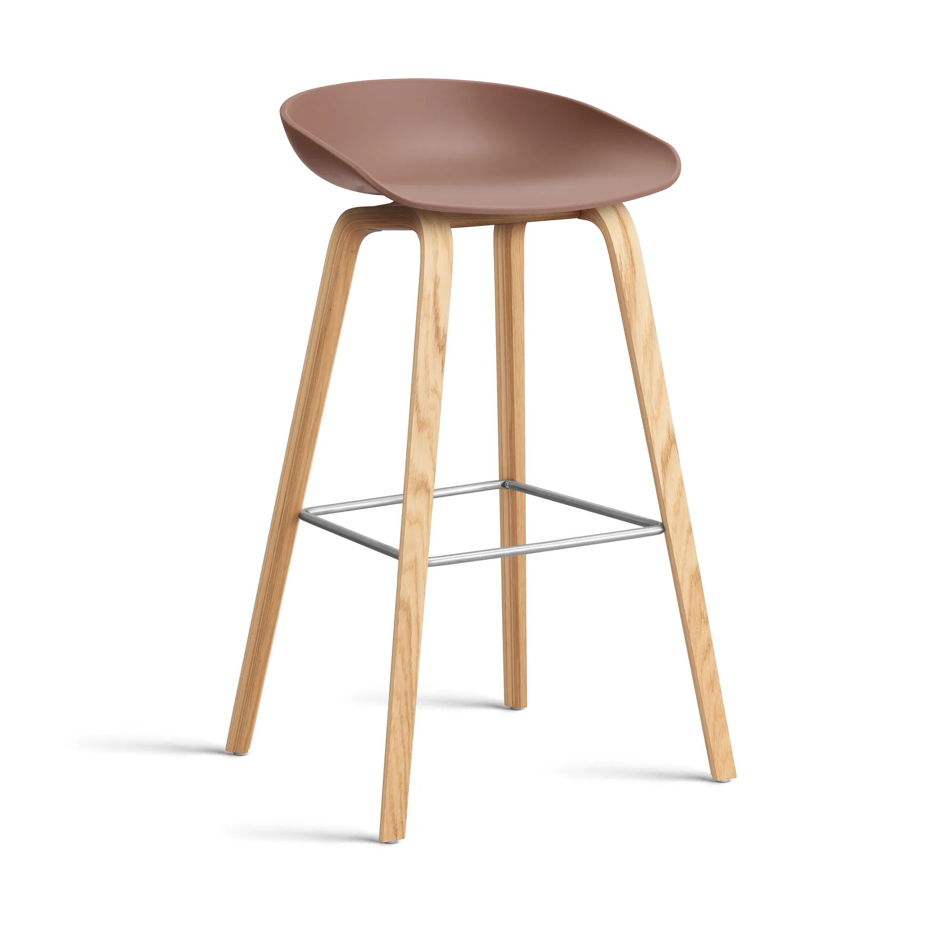 About a Stool AAL32 High 2.0 bar stool lacquered oak base, Soft brick-stainless steel footrest HAY