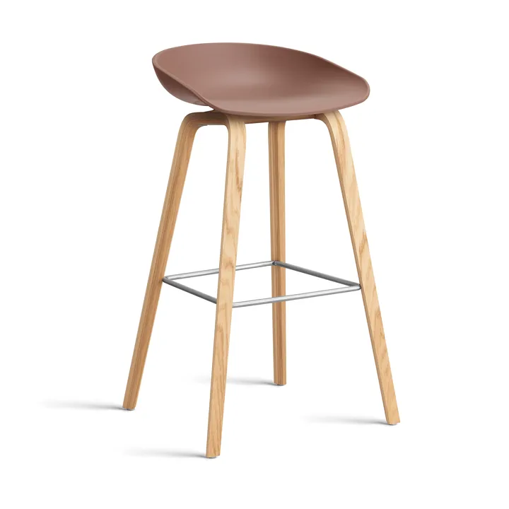 About a Stool AAL32 High 2.0 bar stool lacquered oak base - Soft brick-stainless steel footrest - HAY