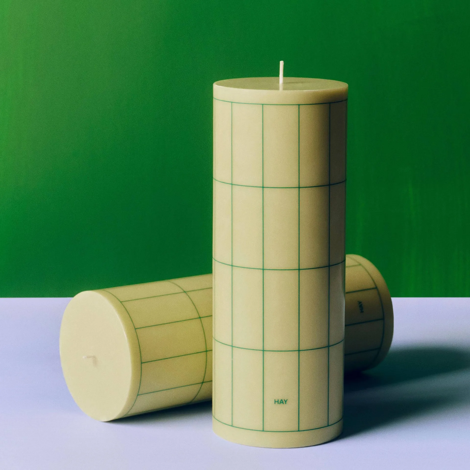 Column Candle pillar candle large 25 cm, Light green with dark green grid check HAY