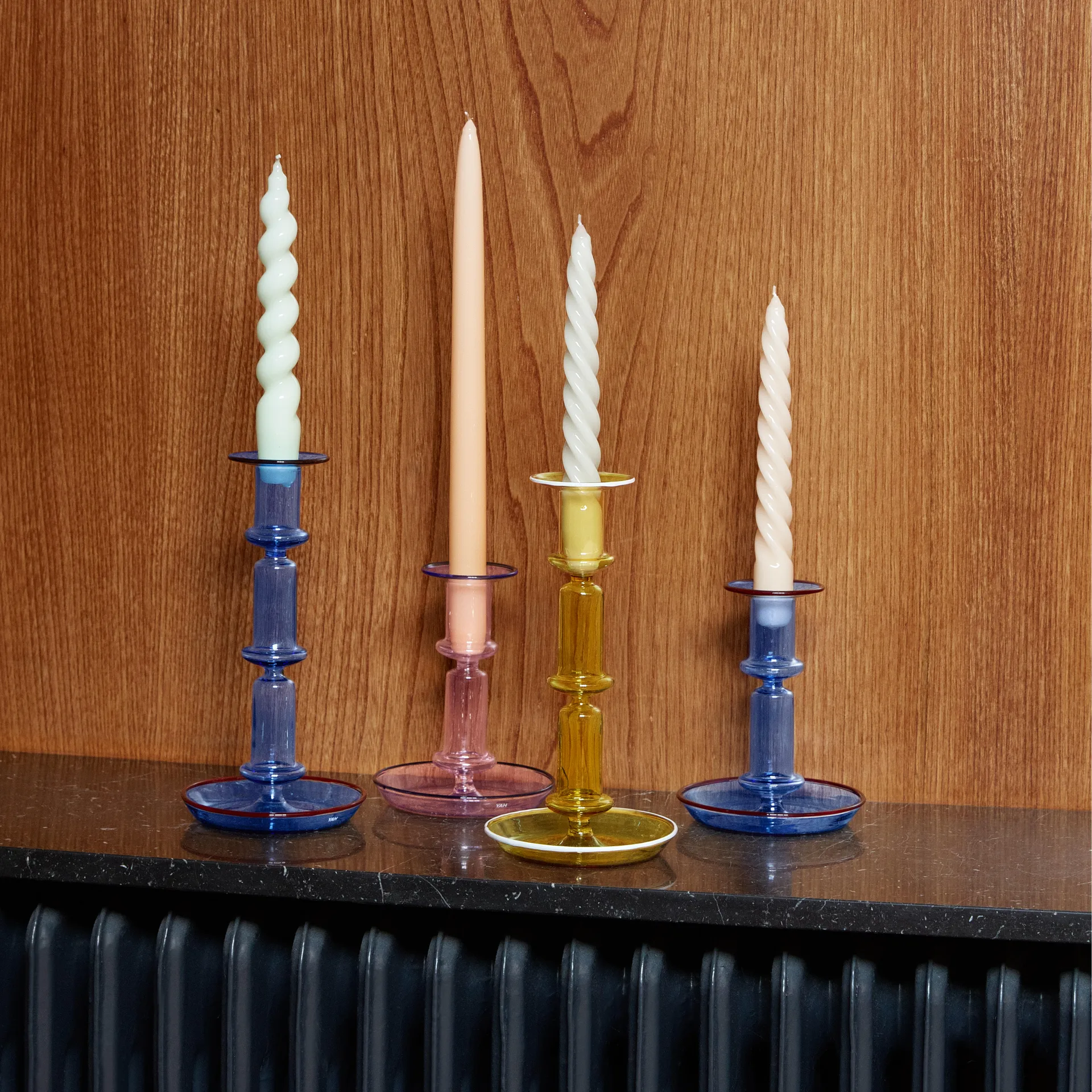 Flare tall candle sticks, light blue-red HAY