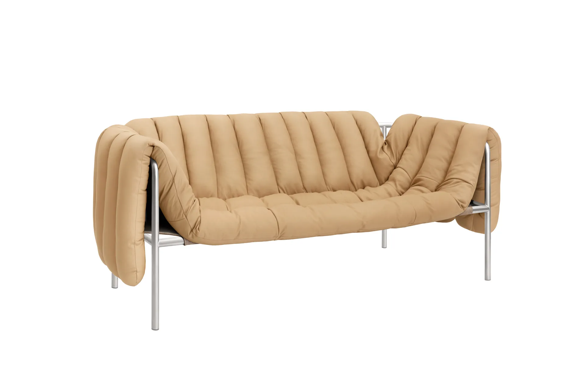 Puffy 2,5-seater sofa 205 cm, Sand leather-stainless steel Hem