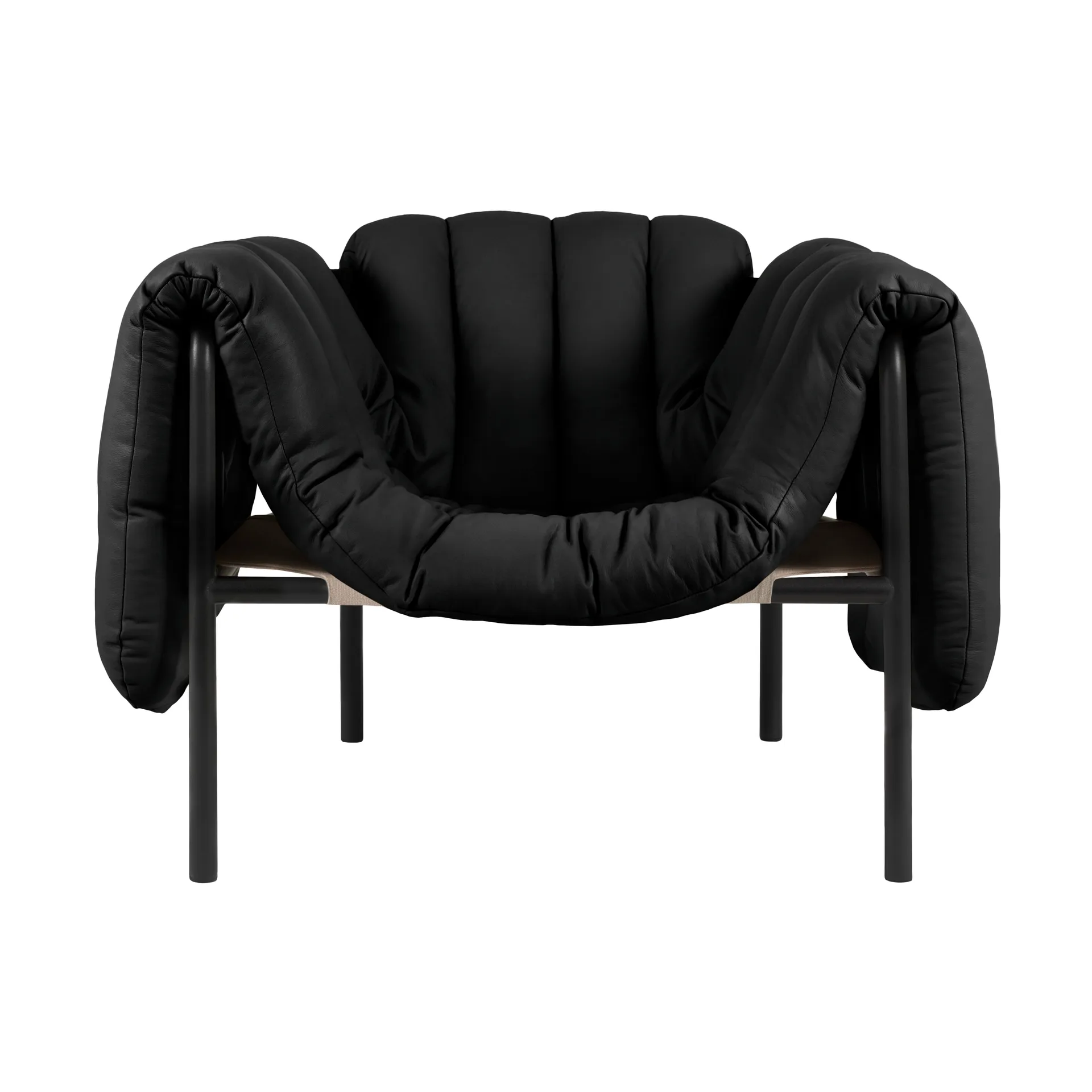Puffy lounge chair, Black leather-black grey Hem