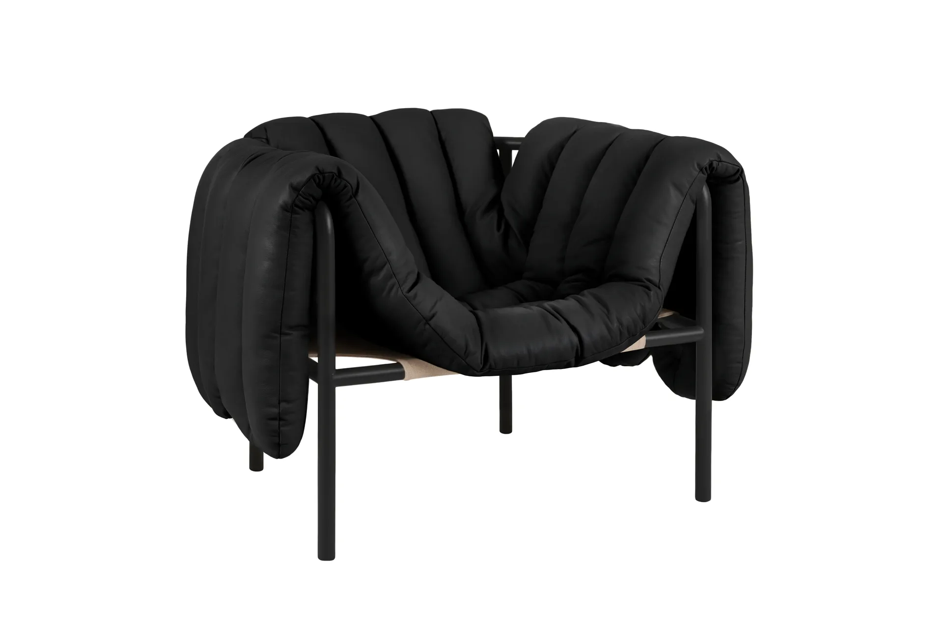 Puffy lounge chair, Black leather-black grey Hem