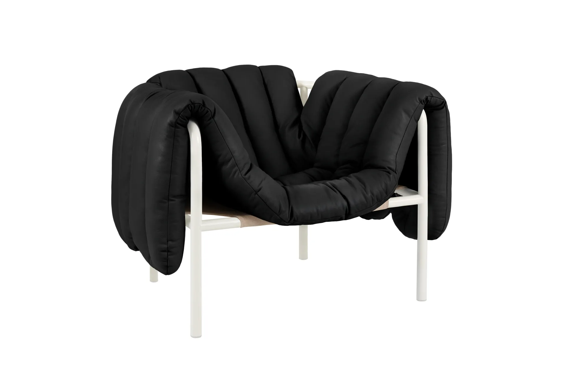 Puffy lounge chair, Black leather-cream Hem