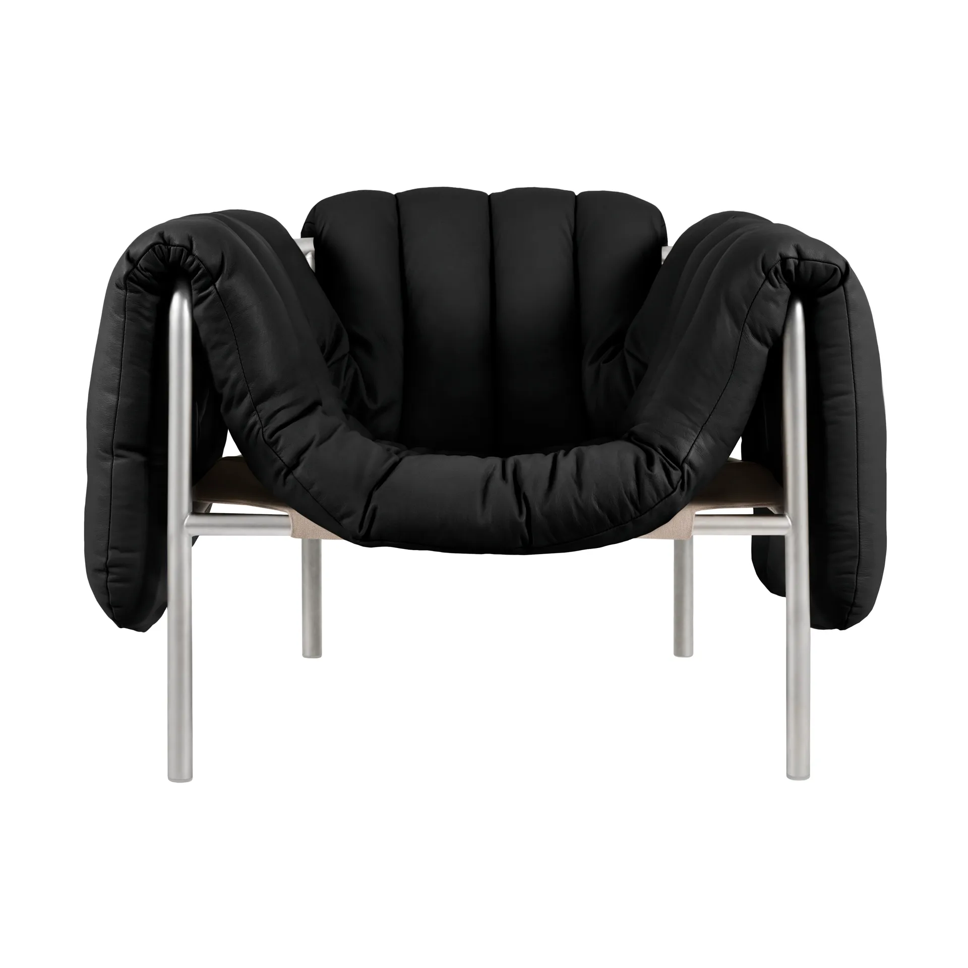 Puffy lounge chair, Black leather-stainless steel Hem