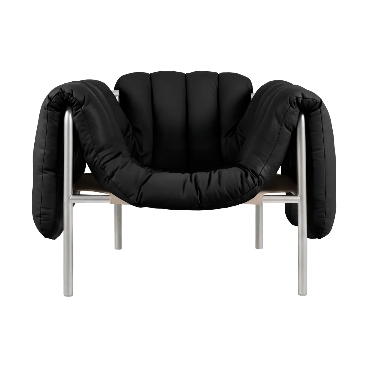 Hem Puffy lounge chair Black leather-stainless steel