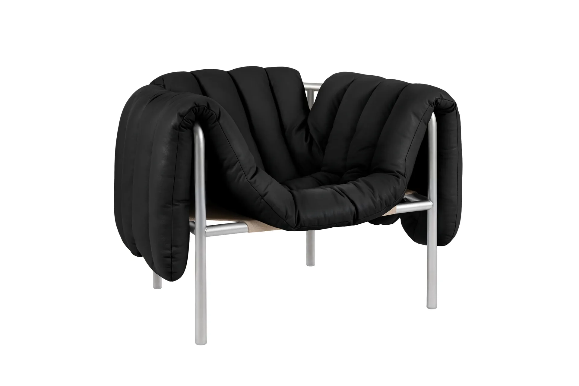 Puffy lounge chair, Black leather-stainless steel Hem