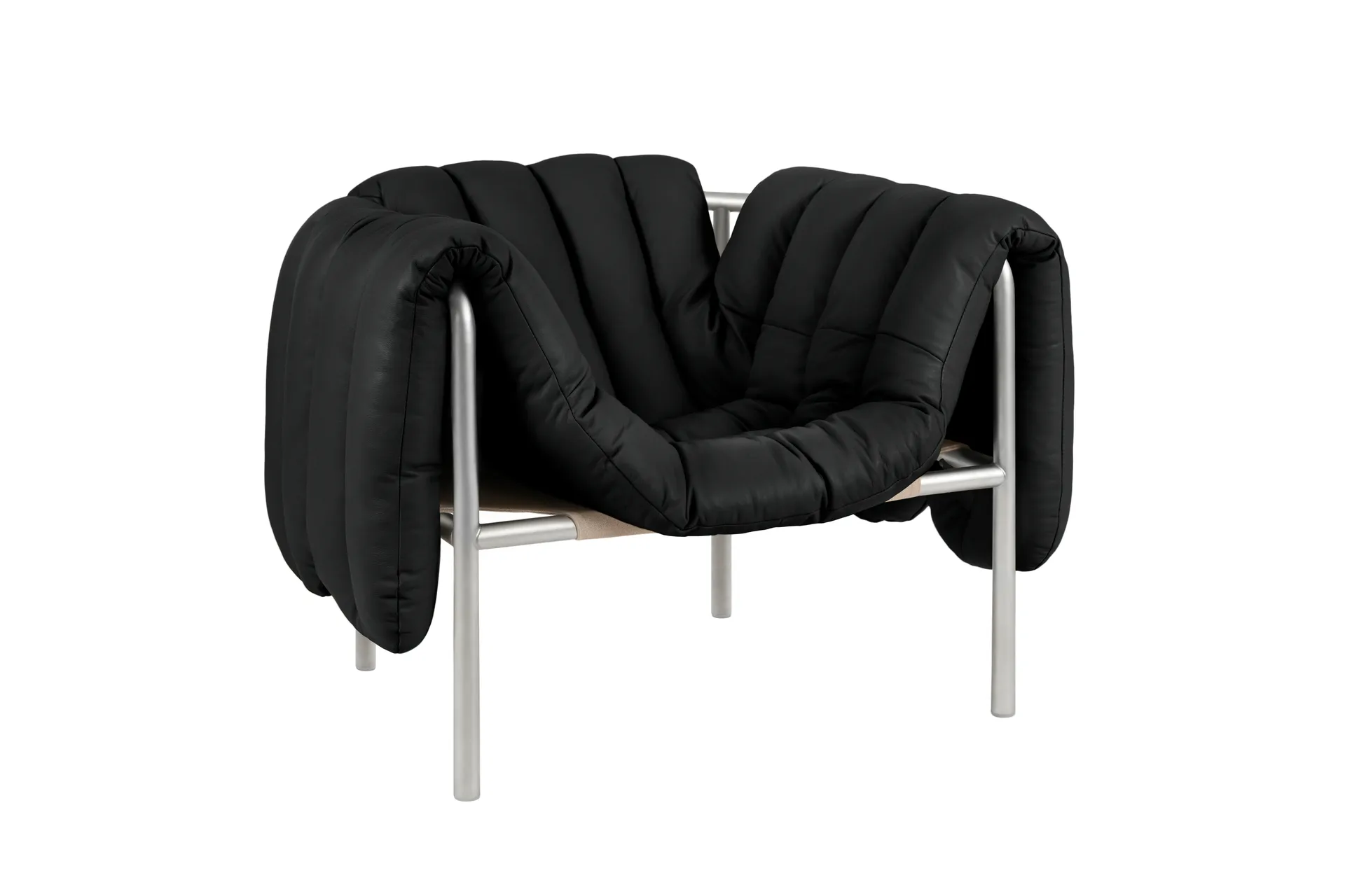 Puffy lounge chair, Black leather-stainless steel Hem