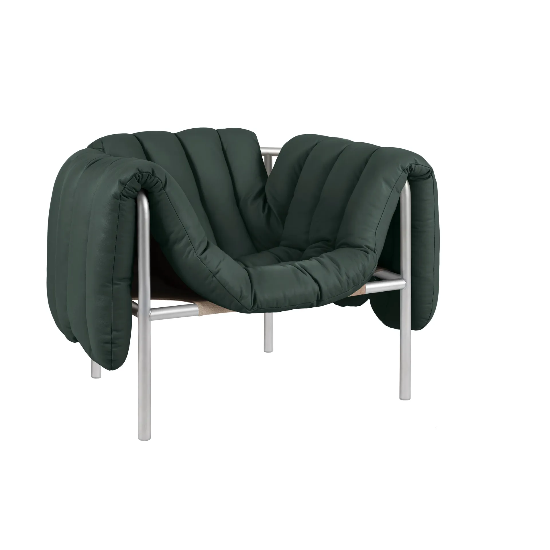 Puffy lounge chair, Dark green leather-stainless steel Hem