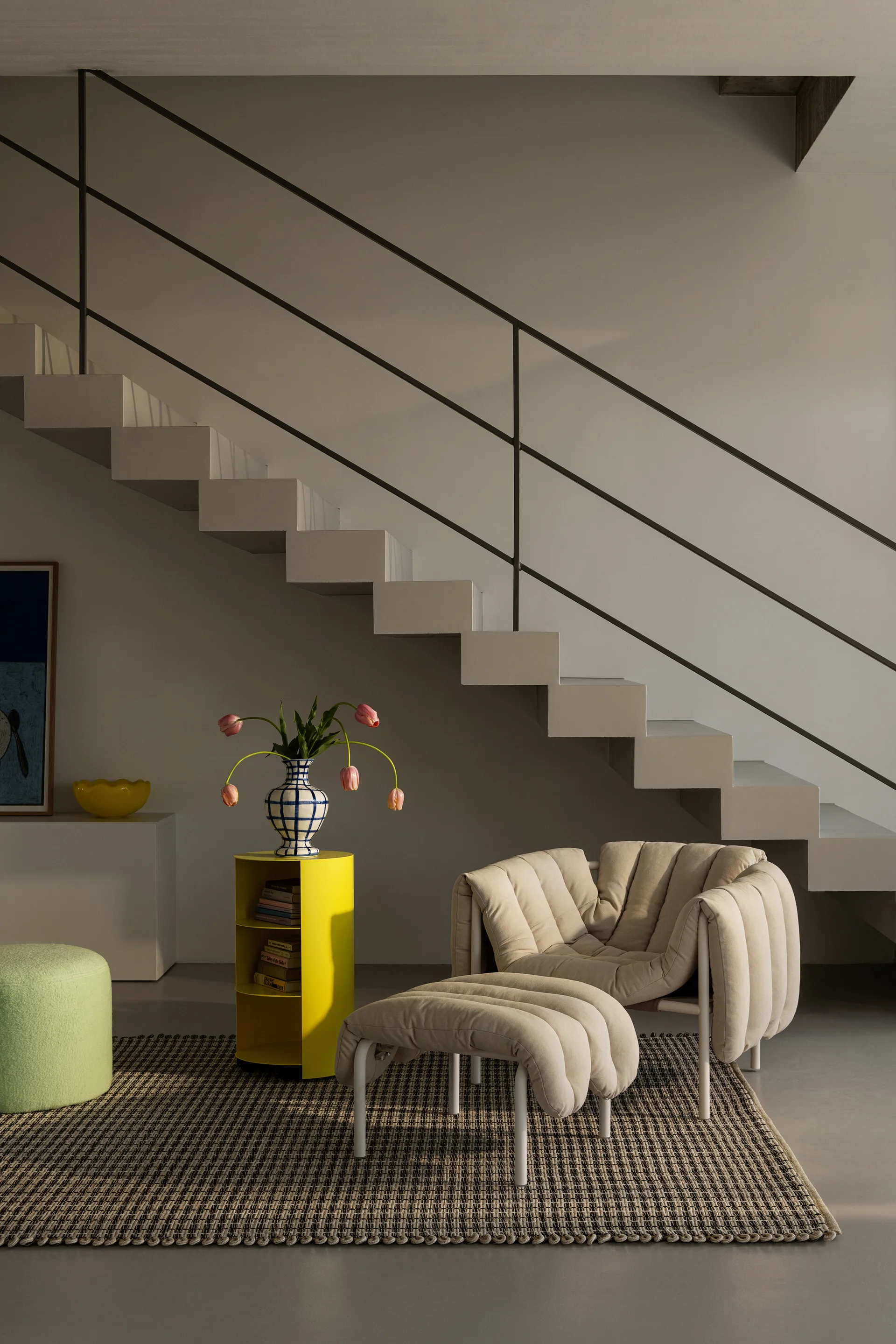 Puffy lounge chair + ottoman, Sawdust-stainless steel Hem