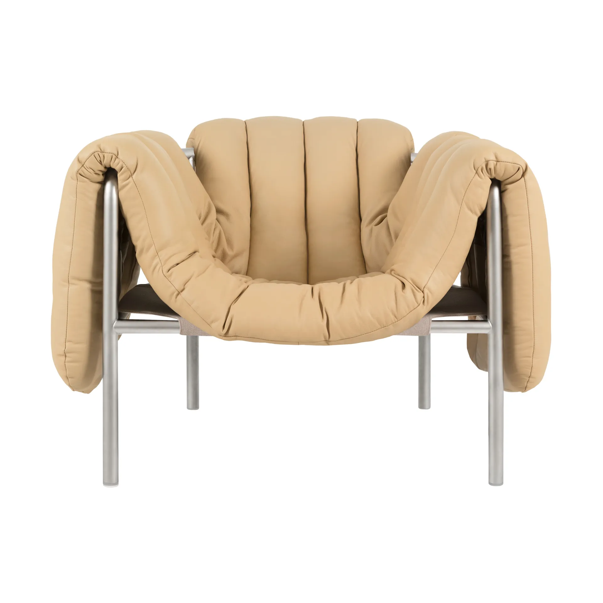 Puffy lounge chair, Sand leather-stainless steel Hem