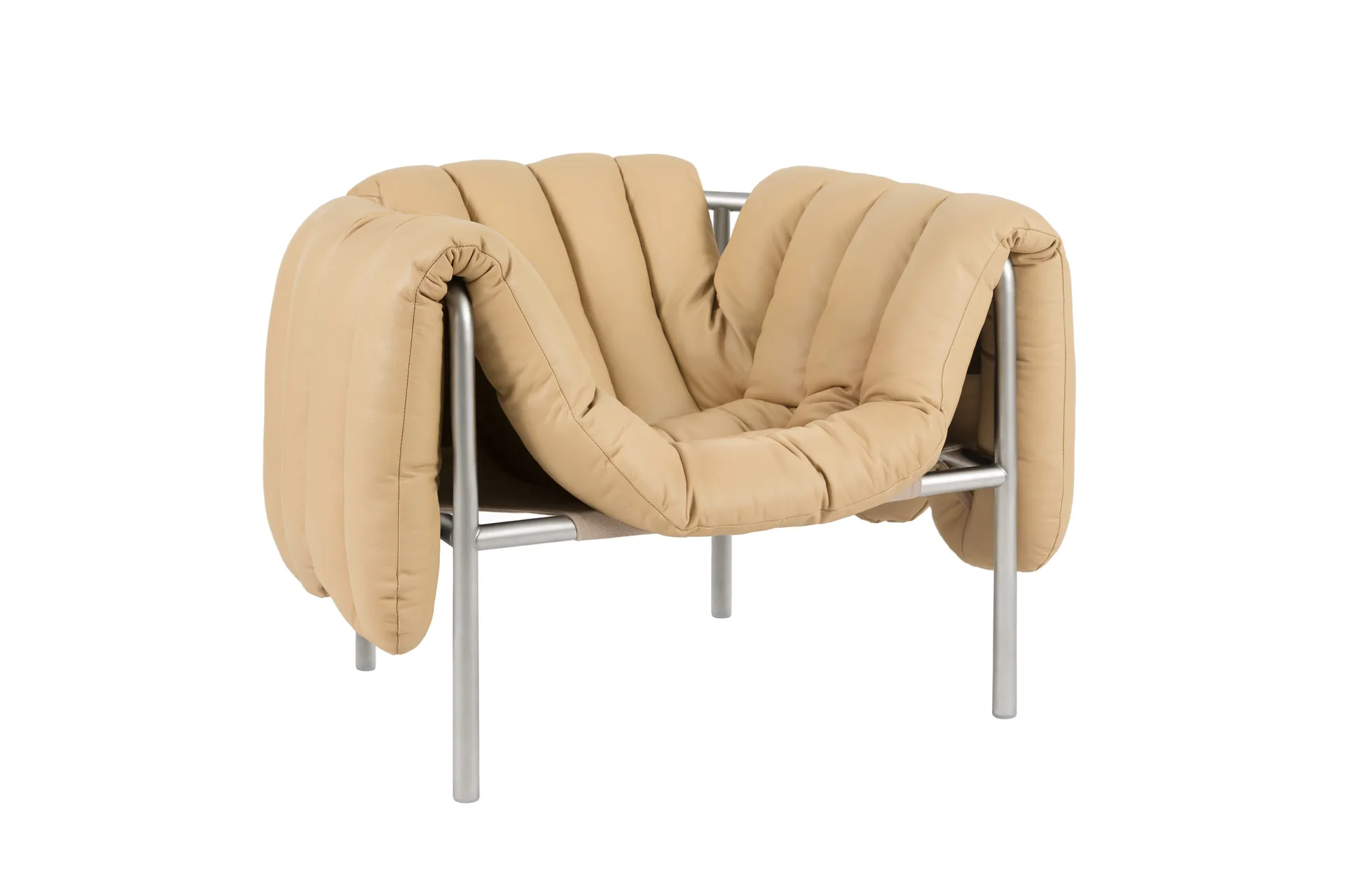 Puffy lounge chair, Sand leather-stainless steel Hem