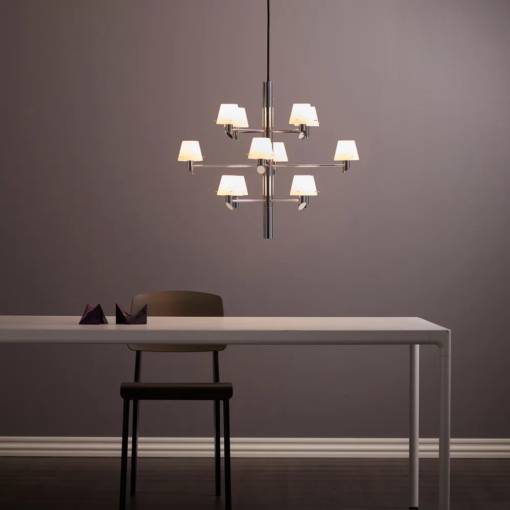 Gil Crown 12 Chandelier, Chrome–opal glass Herstal