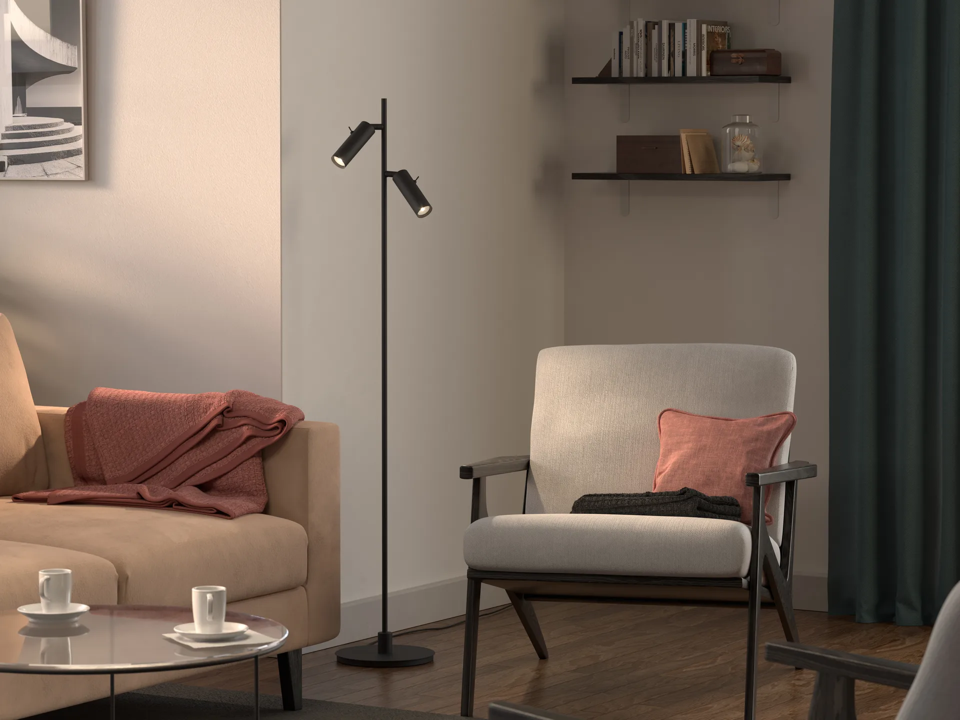 Pipeline floor lamp, Matte black, double Herstal