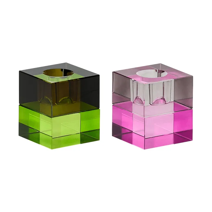 Block candle holder, 2 pieces - Brown-green, gray-pink - Hübsch