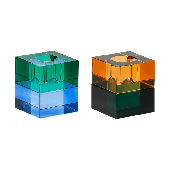 Block candle holder 2 pieces - Green-blue, orange-green - Hübsch