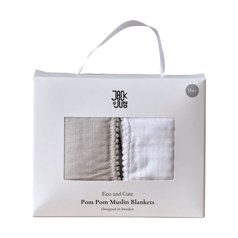 Jack o Juno Pom Pom muslin blanket 120x120 cm 2-pack Pearl & Dusty gray