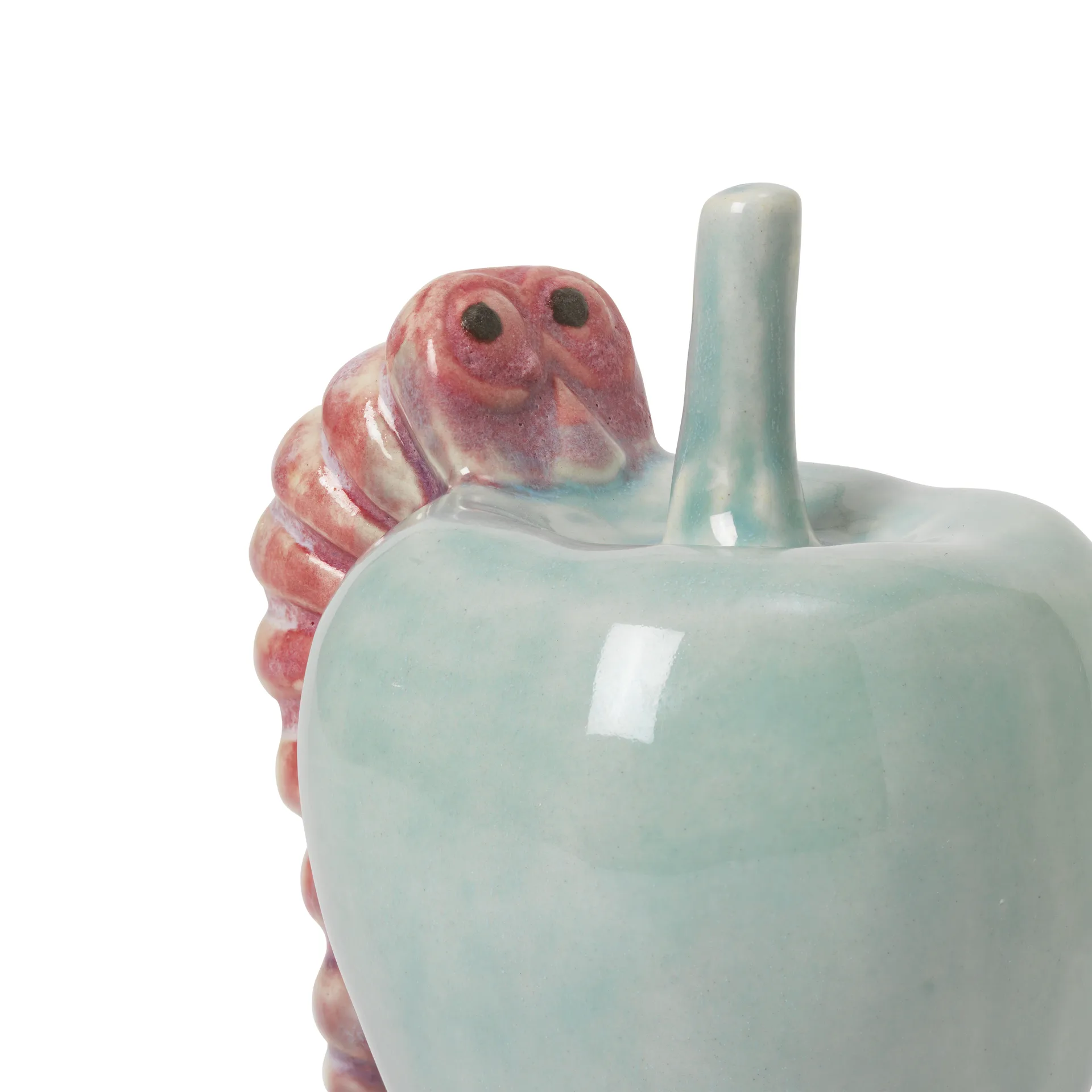Poppery apple with worm decoration, Mint-pink Kähler