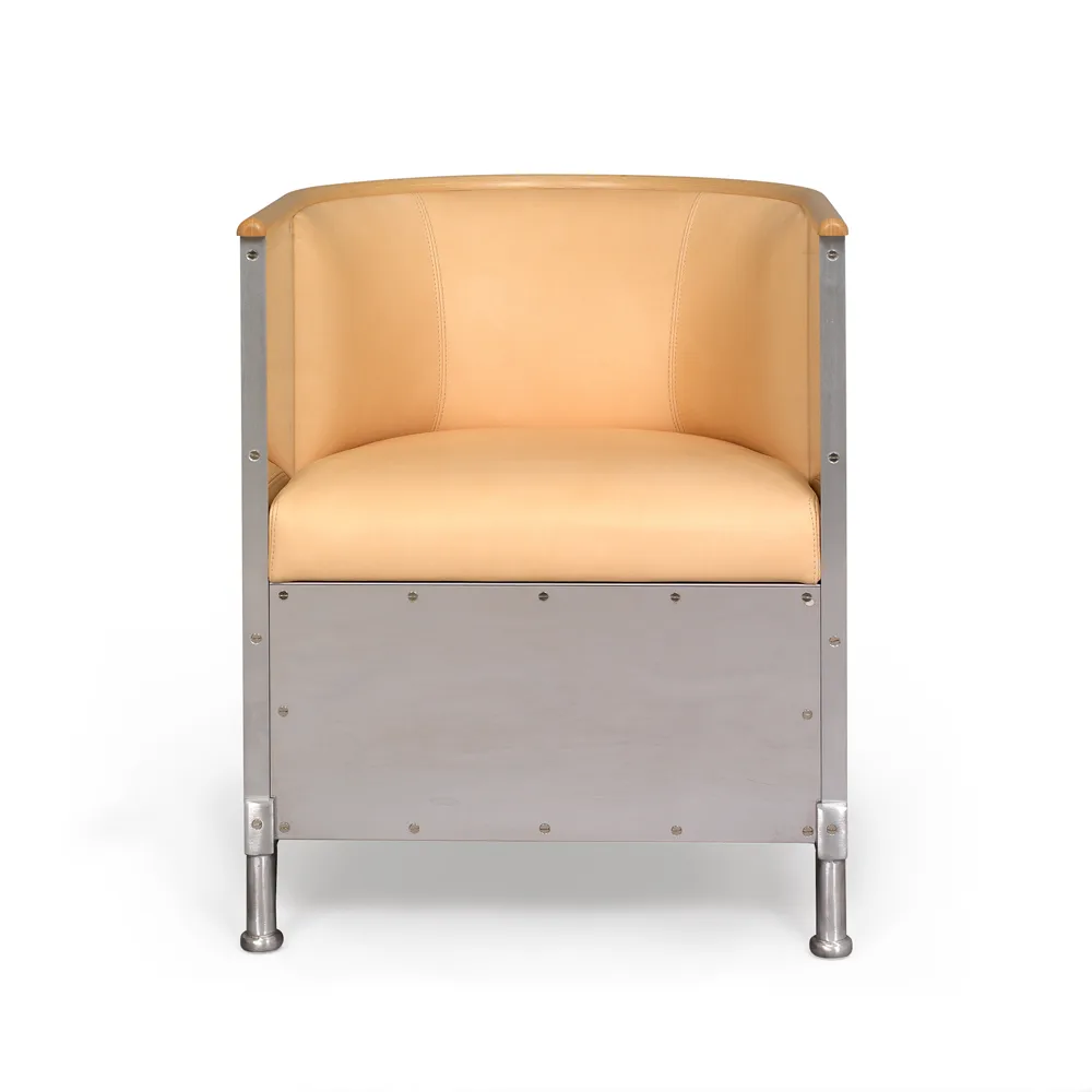 Aluminum armchair brushed matt, Leather Tärnsjö natural-edge bookbinding Källemo