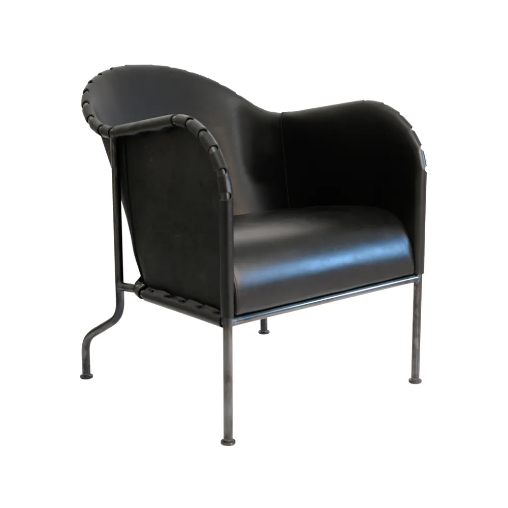 Bruno armchair, Core leather black - black oxidized steel frame Källemo