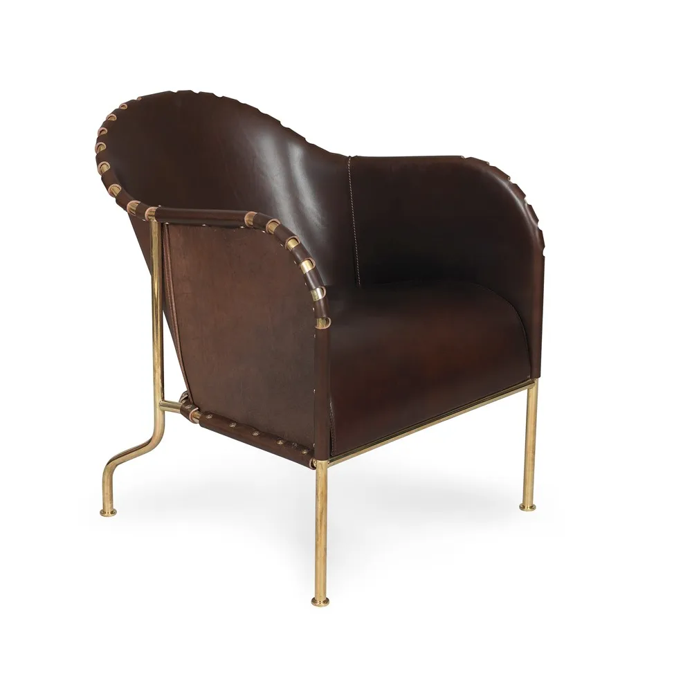 Bruno armchair, Core leather cigar brown-brass base Källemo