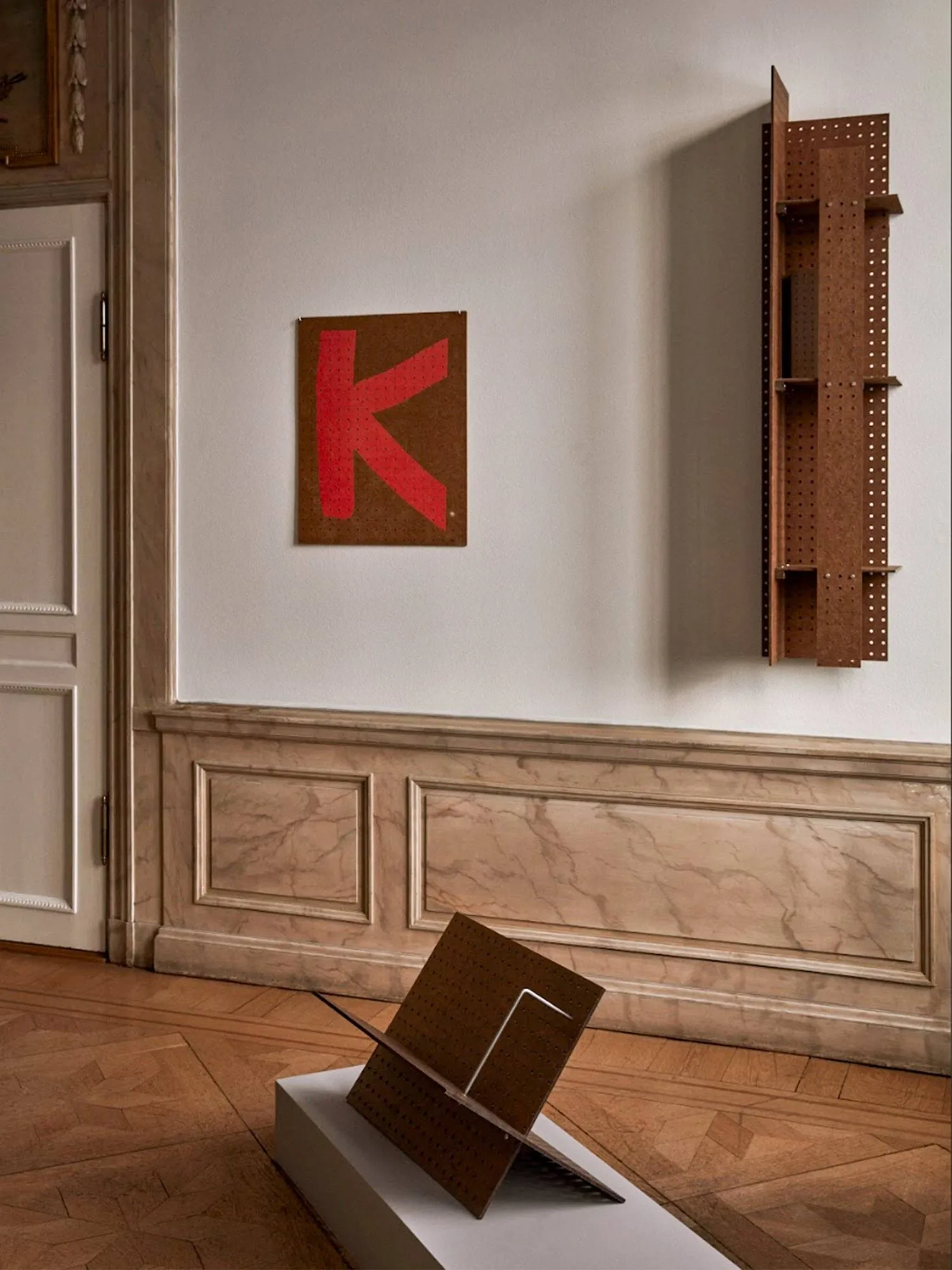 FF01 The Perforated Furniture book cradle, Masonite-walnut, 53x33x54 Källemo