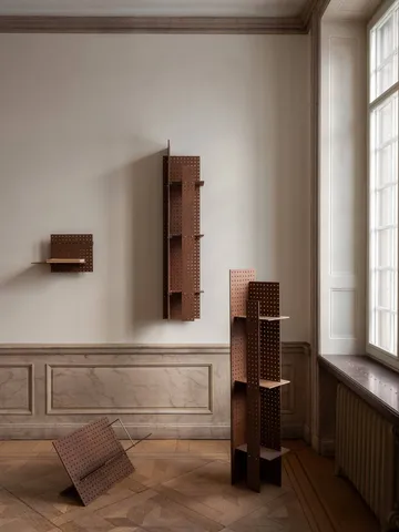 FF01 The Perforated Furniture book cradle - Masonite-walnut, 53x33x54 - Källemo